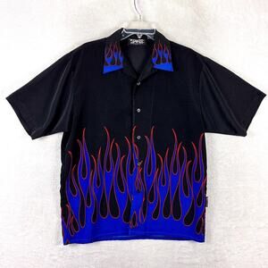 VTG Dragonfly Roadhouse Shirt Mens M Black Blue Flames Rockabilly Bowling Y2K
